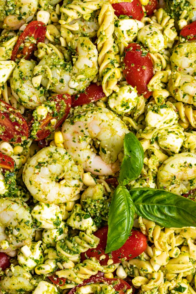 A closeup macro shot of the pesto pasta salad with shrimp.