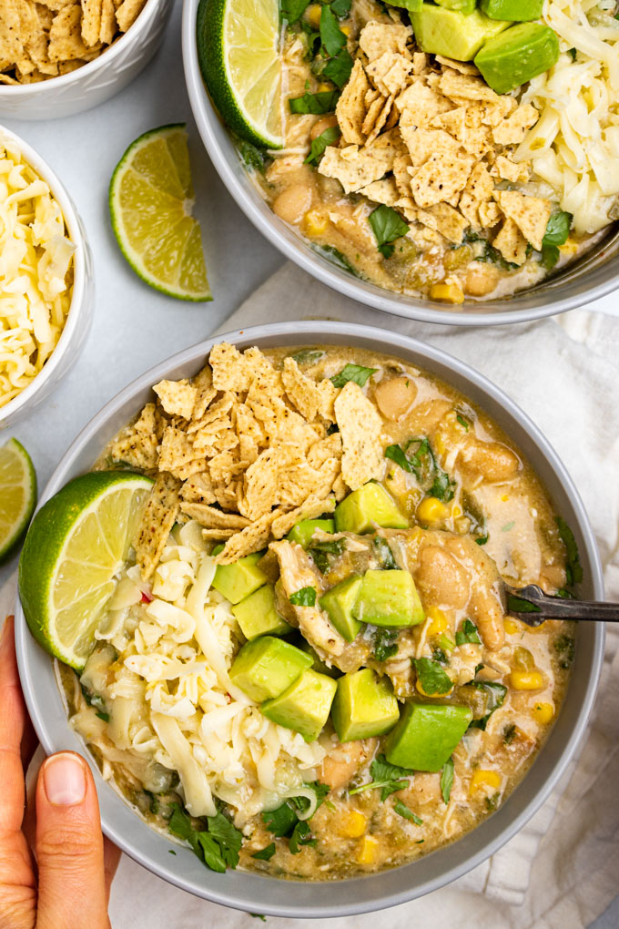 A close up overhead shot of instant pot white chicken chili. 