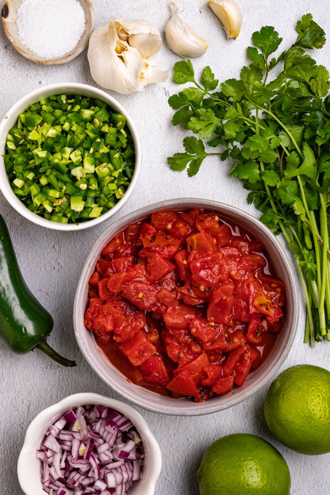 Ingredients for homemade salsa in bowls: canned fire roasted tomatoes, 2 limes, chopped red onion, chopped jalapeno, cilantro, garlic, and salt.