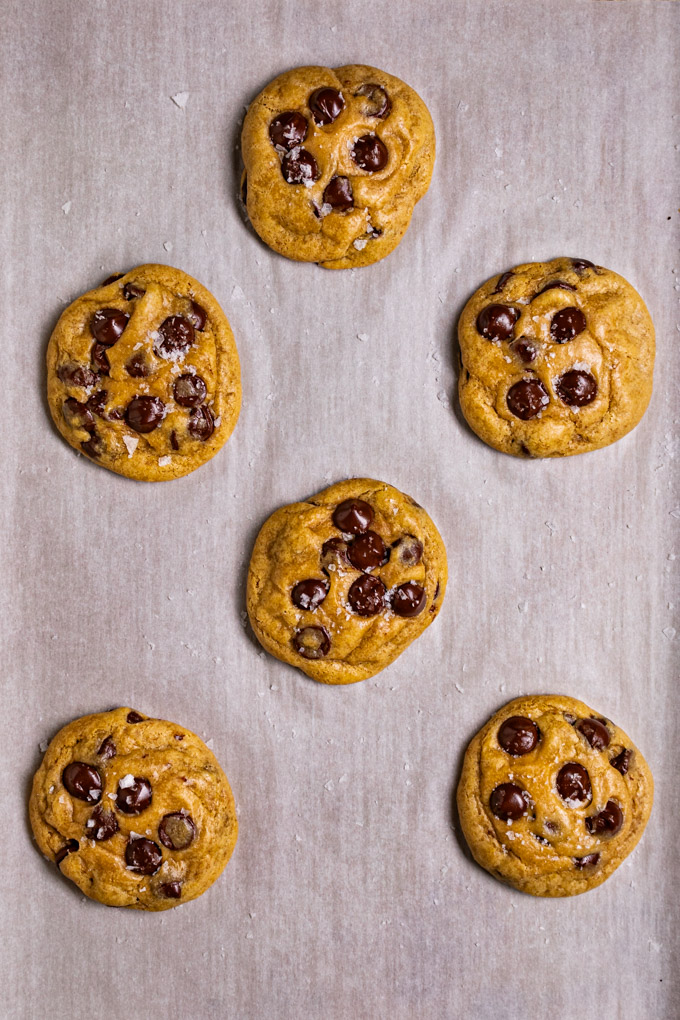 Baked gluten free chocolate chip cookies are baked on a baking pan.