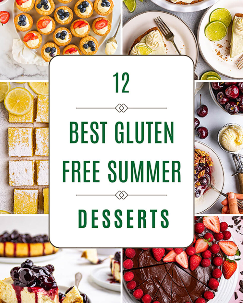 A collage of 12 gluten free summer desserts including lemon bars, key lime pie, chocolate covered strawberries, and no-bake treats.