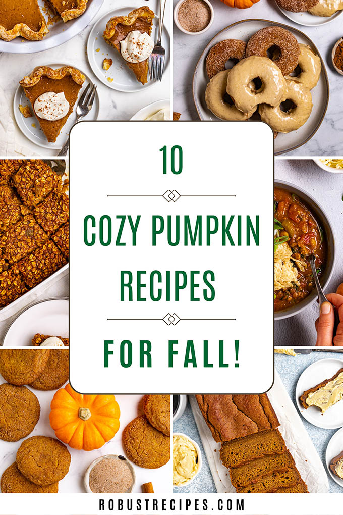 Collage of cozy pumpkin recipes including classic pumpkin pie, turkey pumpkin chili, baked pumpkin donuts, and pumpkin snickerdoodle cookies.