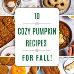 Collage of cozy pumpkin recipes including classic pumpkin pie, turkey pumpkin chili, baked pumpkin donuts, and pumpkin snickerdoodle cookies.